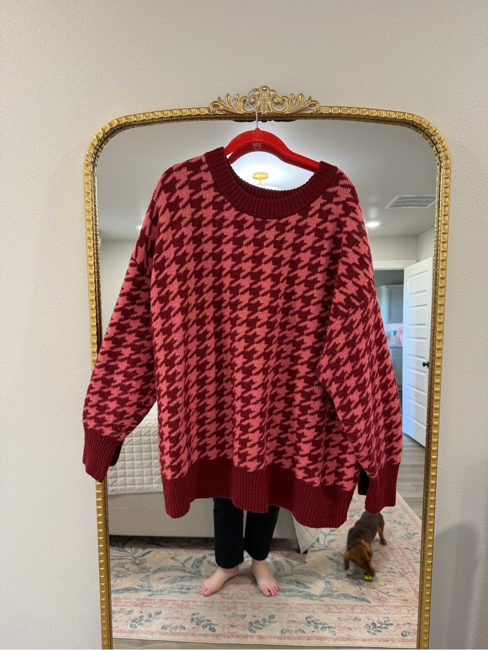 Ava & Viv Red and Dark Red Houndstooth Crewneck Sweater